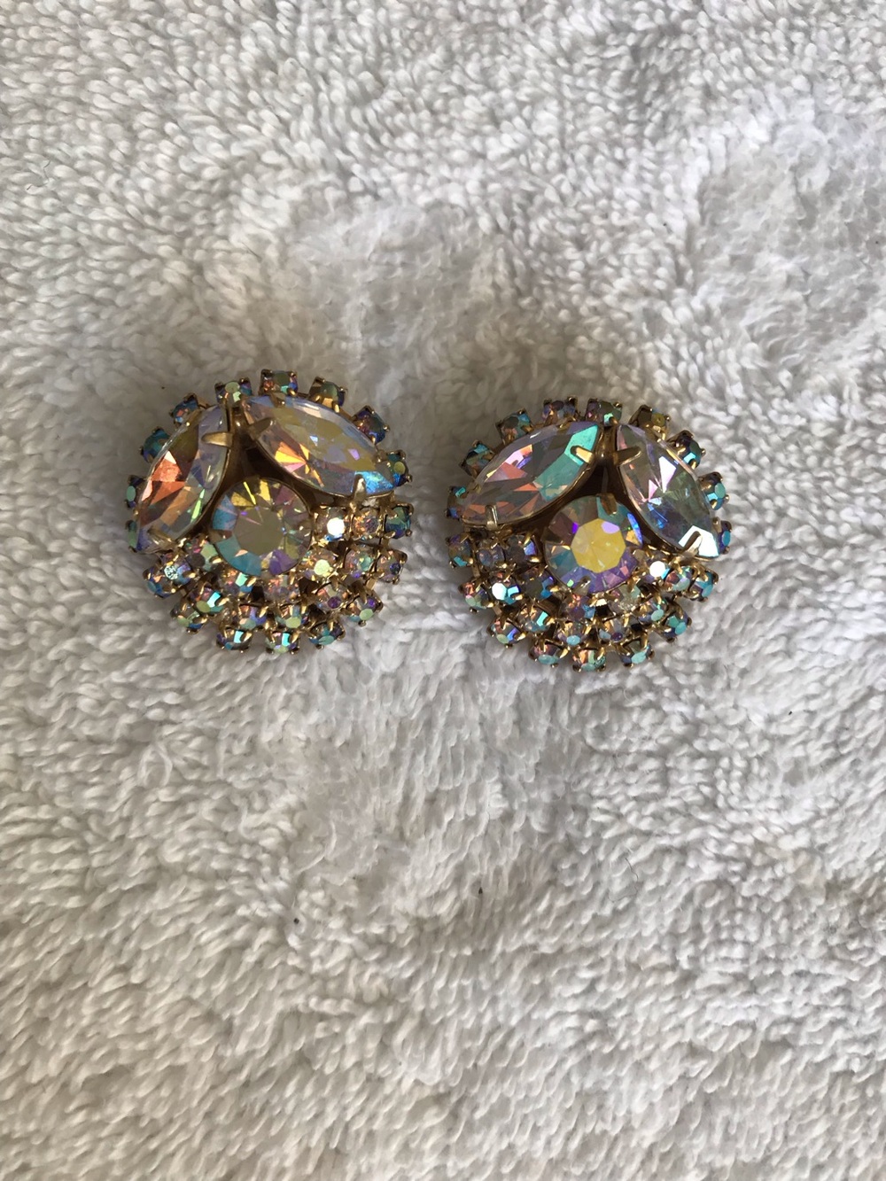 Vintage Carnegie Aurora Crystal Cluster Clip-On Earrings - Iridescent